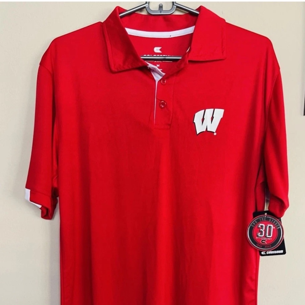 Wisconsin Badgers Men's Colosseum Red Color Block Poly Polo - New With Tags!